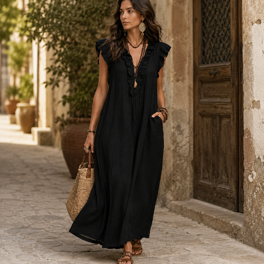 Josefina™ | Vestido largo con textura de lino con escote en pico y volantes