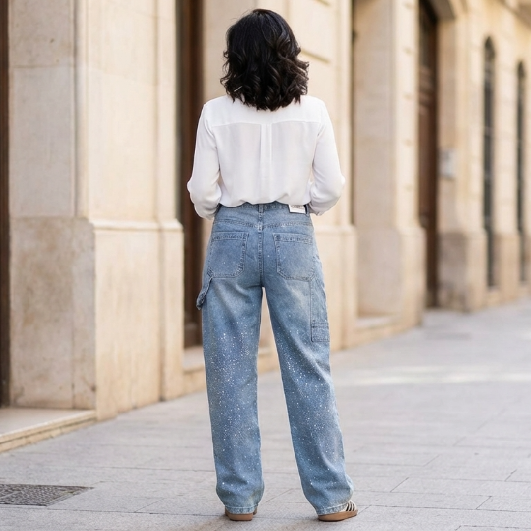 Vaqueros anchos con detalles brillantes