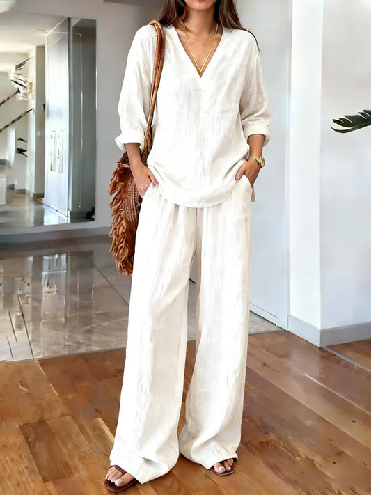 María Pilar | Conjunto casual con textura de lino y escote en V