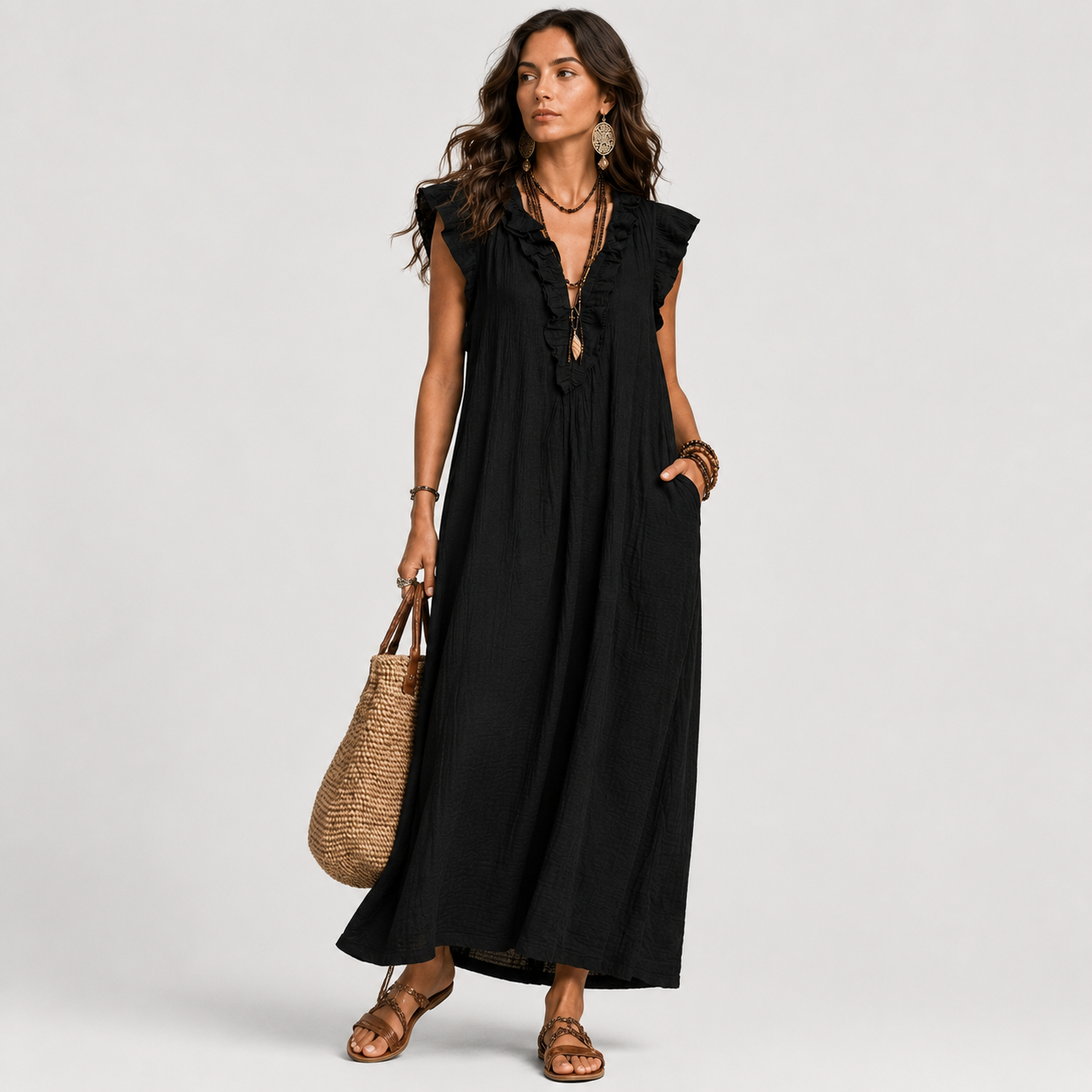 Josefina™  | Vestido largo con textura de lino con escote en pico y volantes