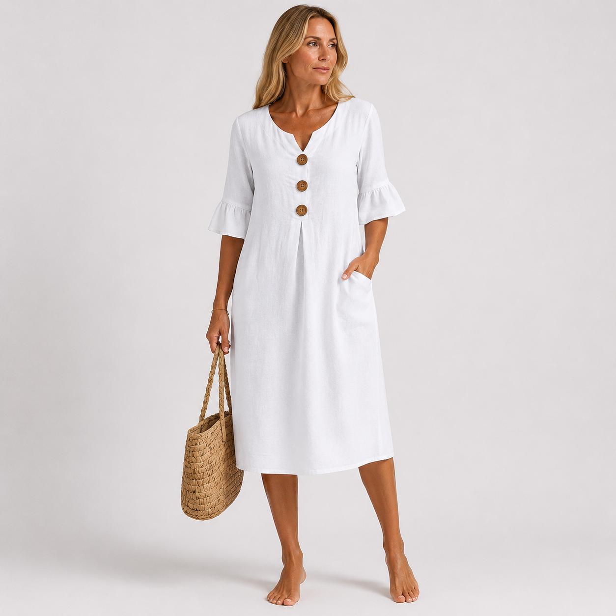 Vanesa | Vestido con textura de lino con manga abullonada y botones