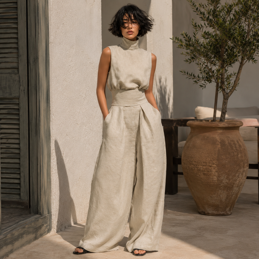 Flor™ | Conjunto minimalista de blusa sin mangas y pantalón de pernera ancha en algodón y lino para mujer