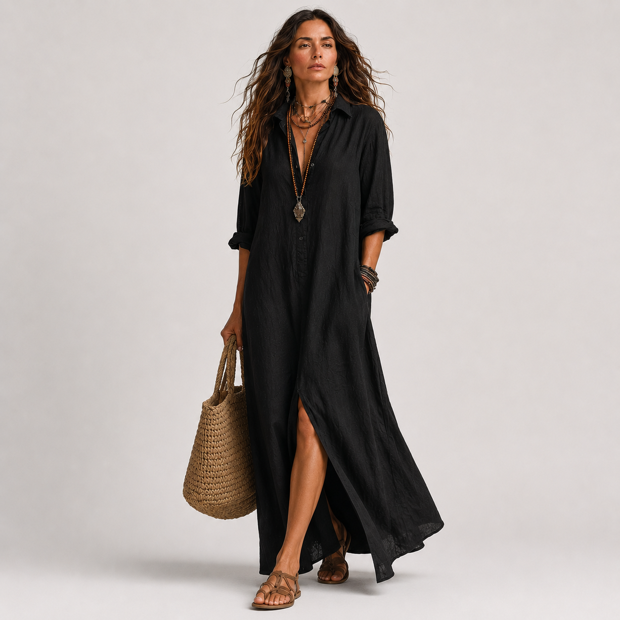 Selena™ | Vestido Maxi Negro Holgado con Botones
