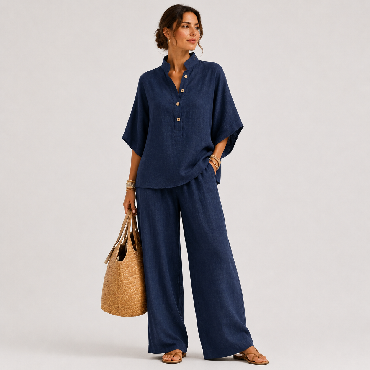 Maribel | Conjunto de lino con mangas murciélago y pantalón ancho