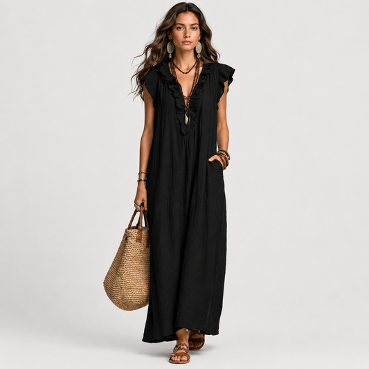 Josefina™  | Vestido largo con textura de lino con escote en pico y volantes