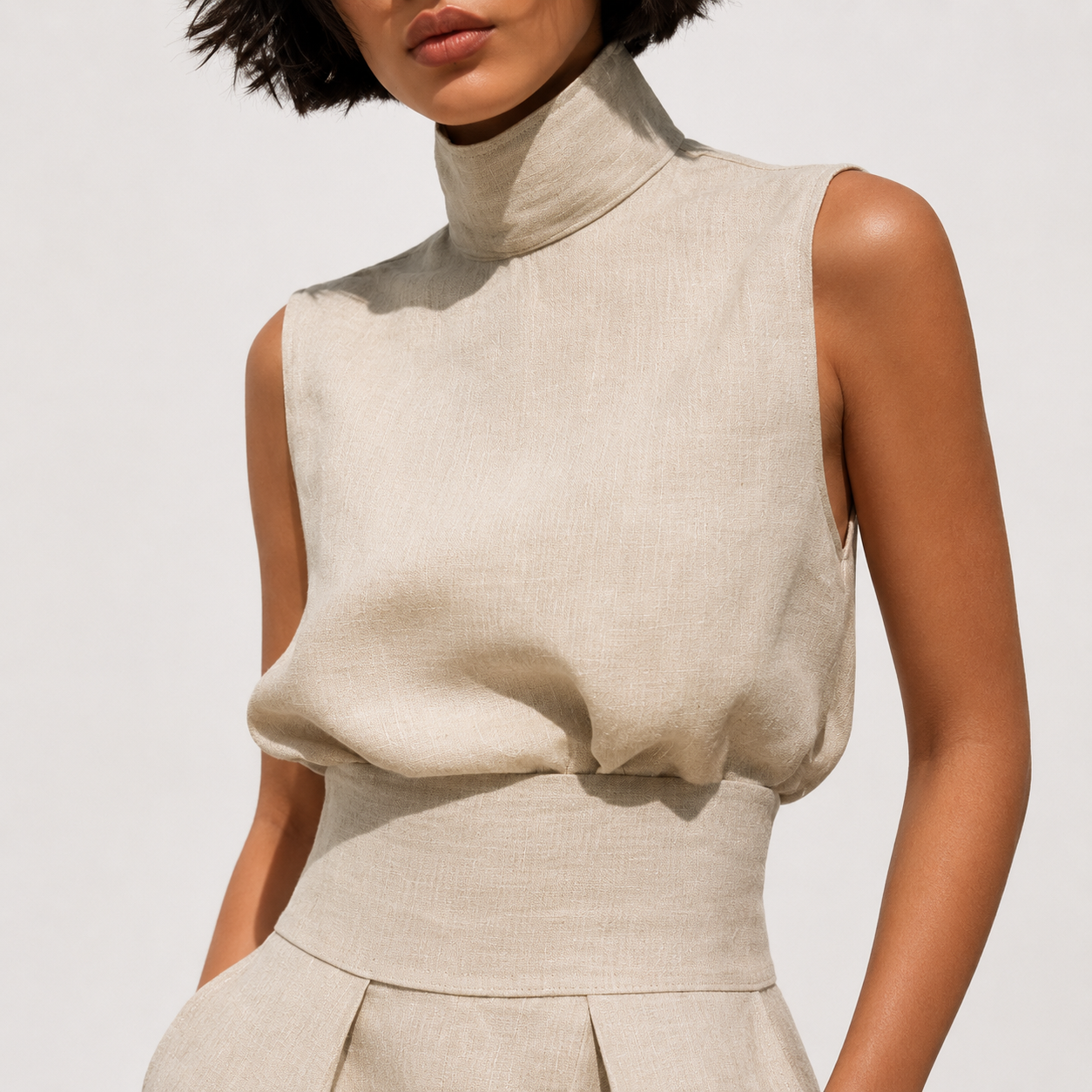 Flor™ | Conjunto minimalista de blusa sin mangas y pantalón de pernera ancha en algodón y lino para mujer