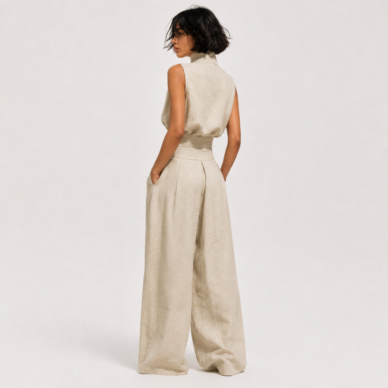 Flor™ | Conjunto minimalista de blusa sin mangas y pantalón de pernera ancha en algodón y lino para mujer