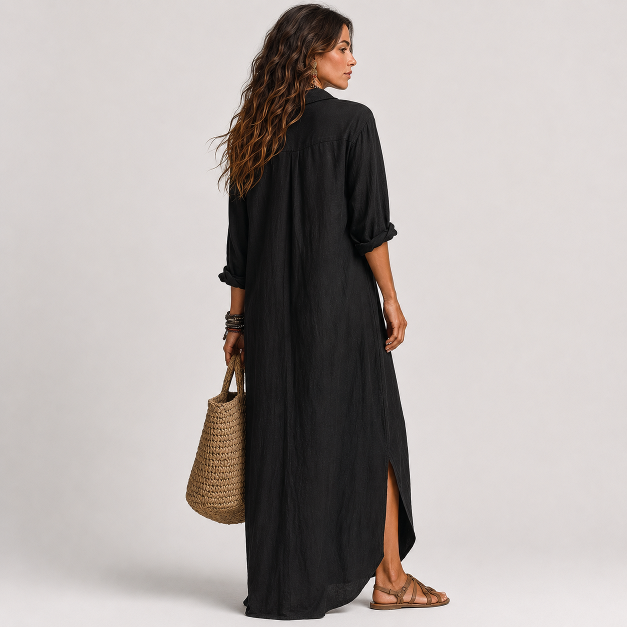 Selena™ | Vestido Maxi Negro Holgado con Botones
