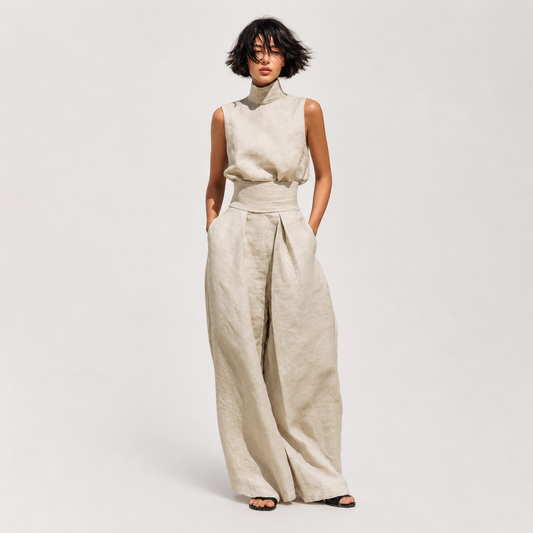 Flor™ | Conjunto minimalista de blusa sin mangas y pantalón de pernera ancha en algodón y lino para mujer