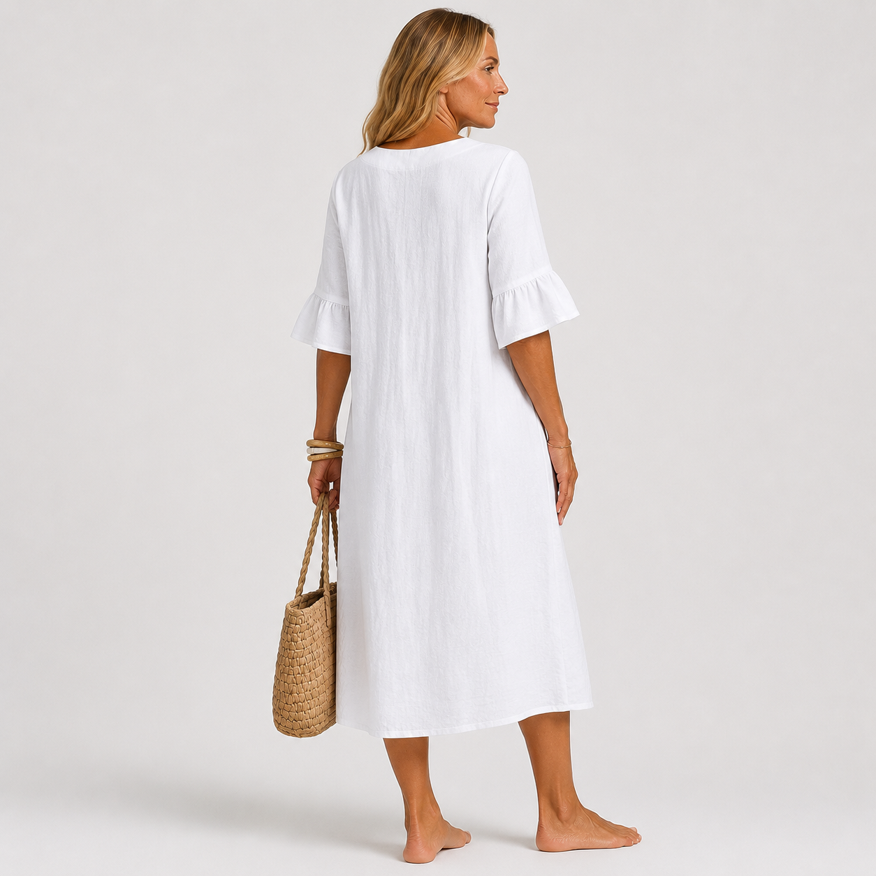 Vanesa | Vestido con textura de lino con manga abullonada y botones
