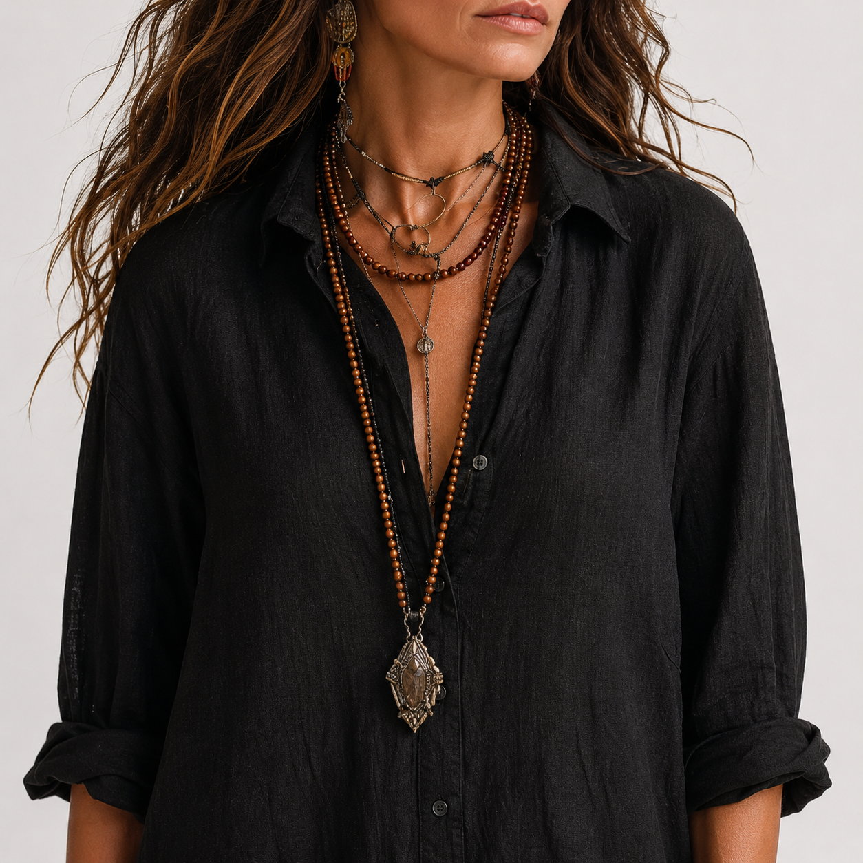 Selena™ | Vestido Maxi Negro Holgado con Botones