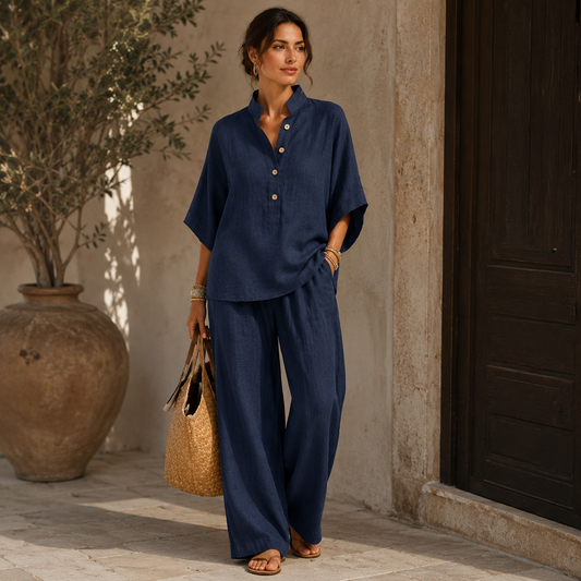 Maribel | Conjunto de lino con mangas murciélago y pantalón ancho