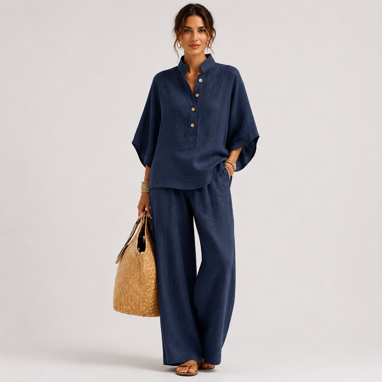 Maribel | Conjunto de lino con mangas murciélago y pantalón ancho