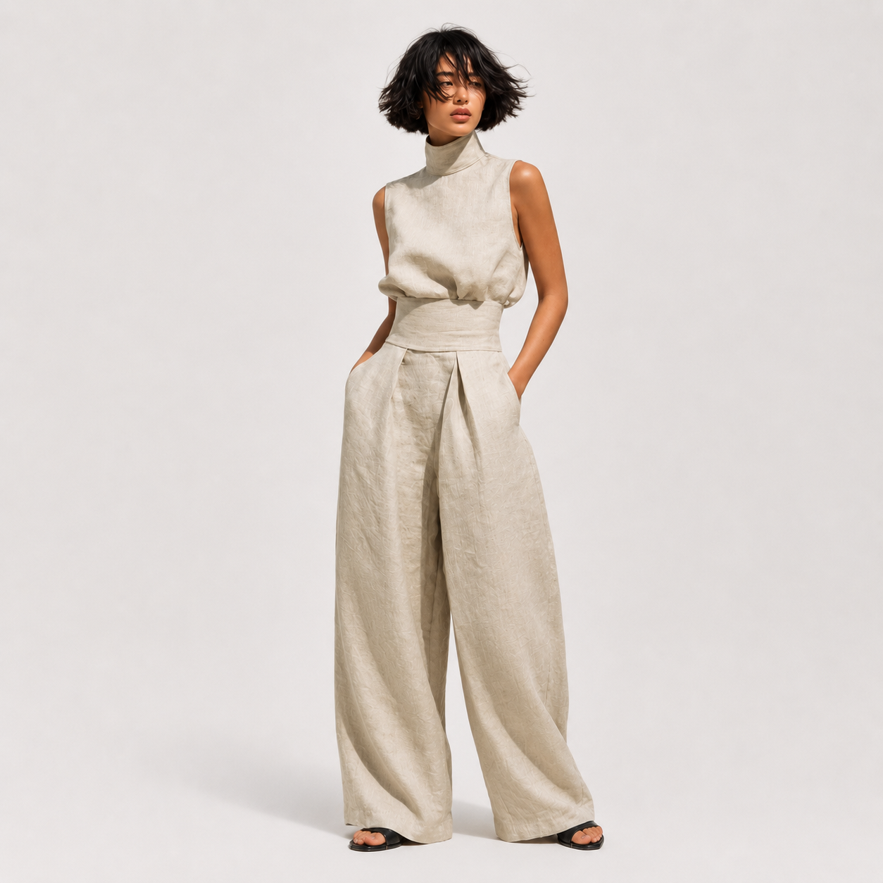 Flor™ | Conjunto minimalista de blusa sin mangas y pantalón de pernera ancha en algodón y lino para mujer