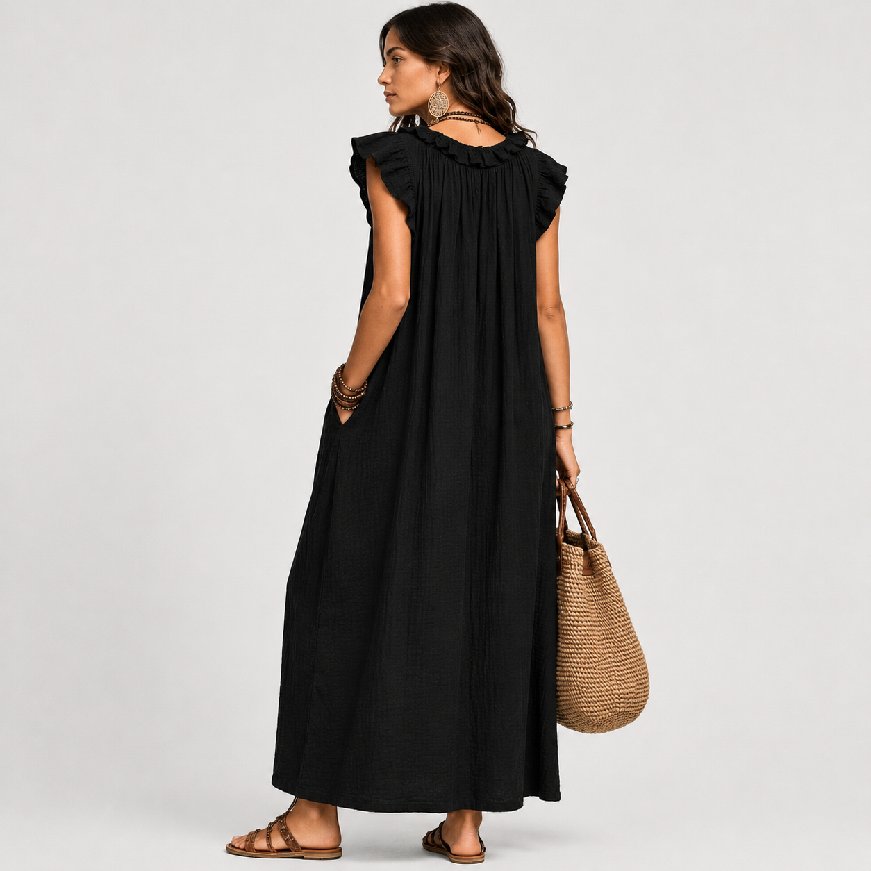 Josefina™  | Vestido largo con textura de lino con escote en pico y volantes