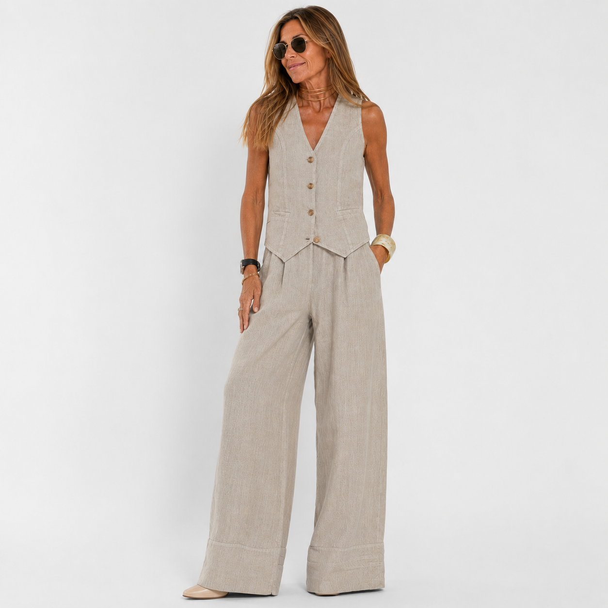 Conjunto Lino Chaleco y Pantalón Ancho