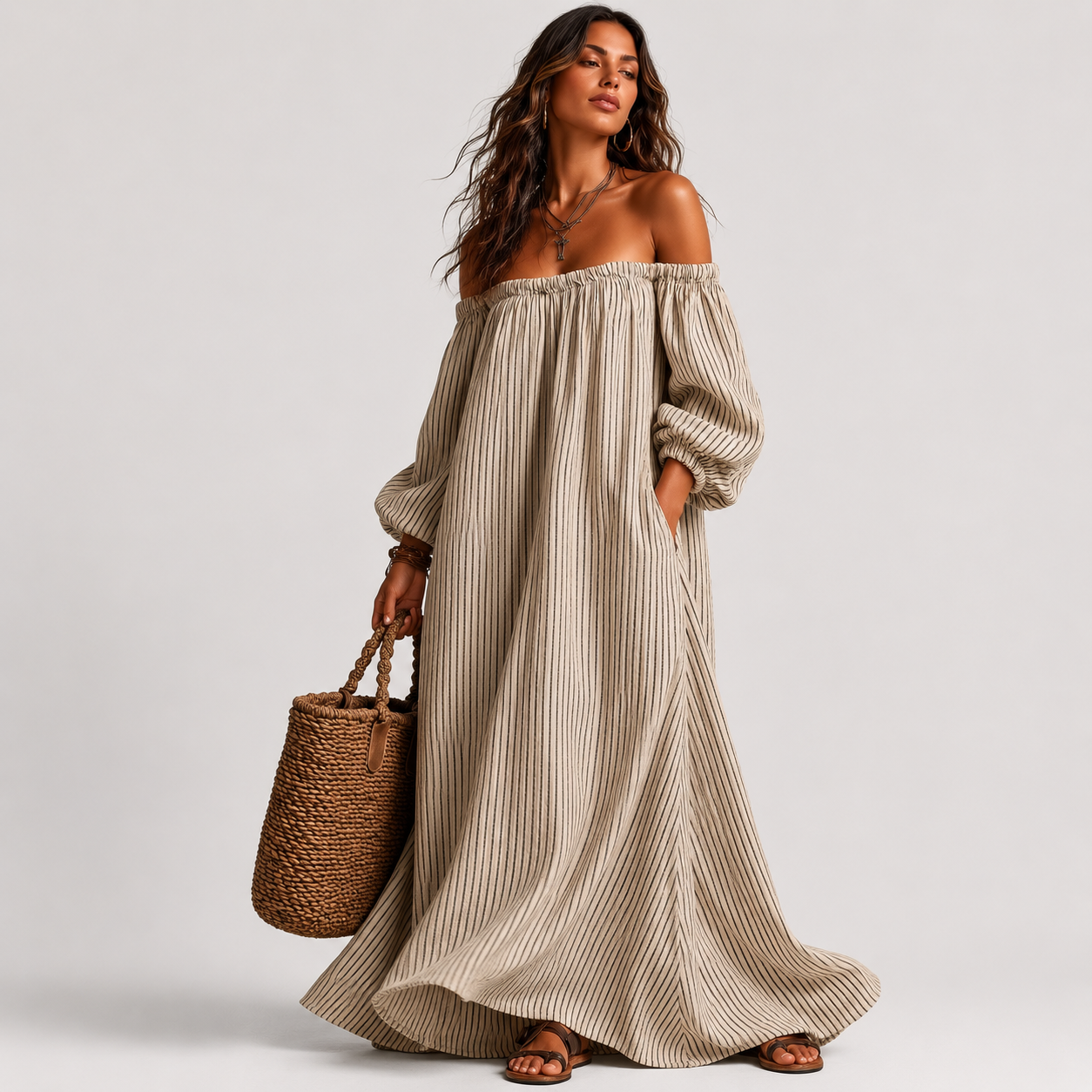 Elena | Vestido largo fluido con hombros descubiertos