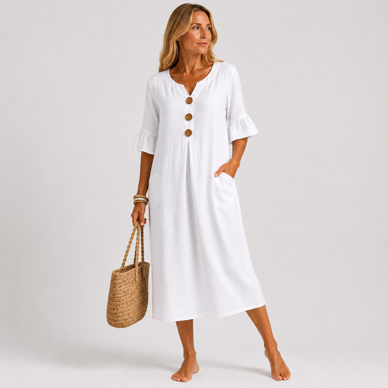 Vanesa | Vestido con textura de lino con manga abullonada y botones