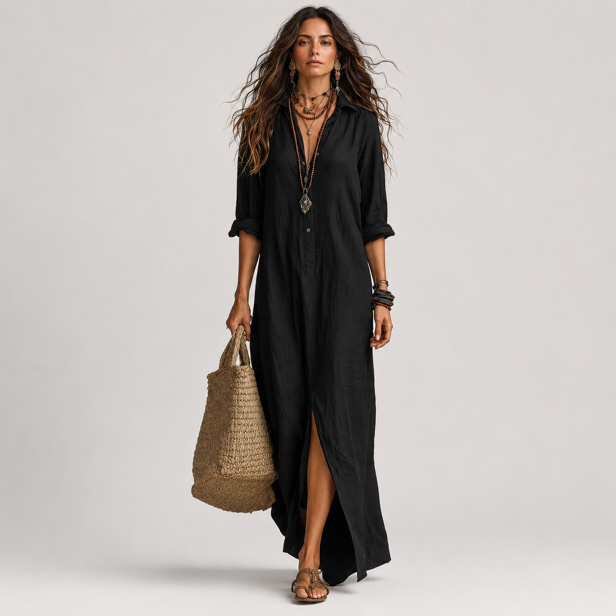 Selena™ | Vestido Maxi Negro Holgado con Botones