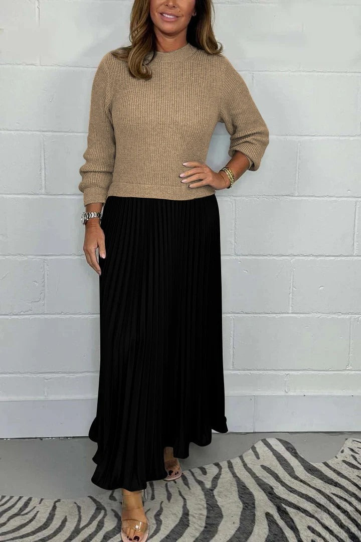 Vestido maxi con jersey y falda plisada