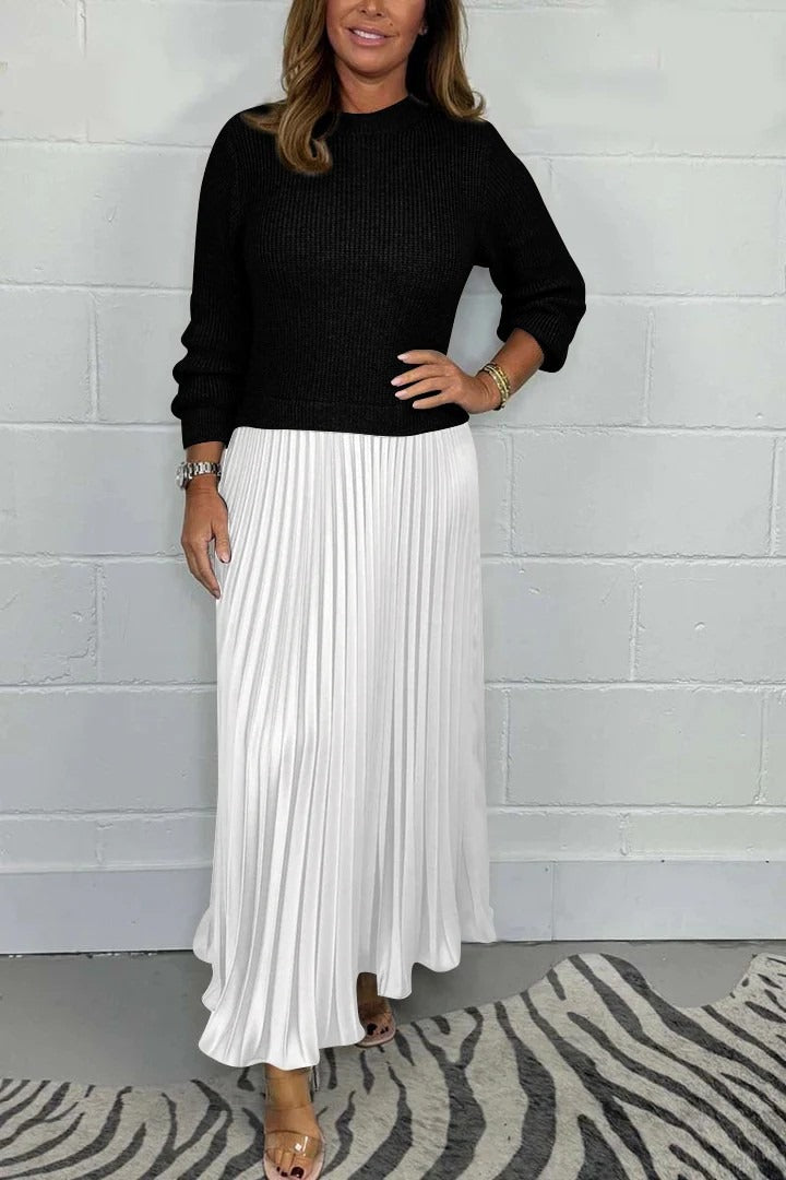 Vestido maxi con jersey y falda plisada