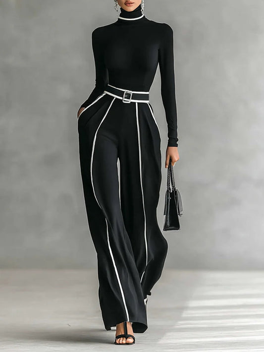 Renata™ | Conjunto de top de cuello alto con manga larga y pantalón de pernera ancha con cinturón