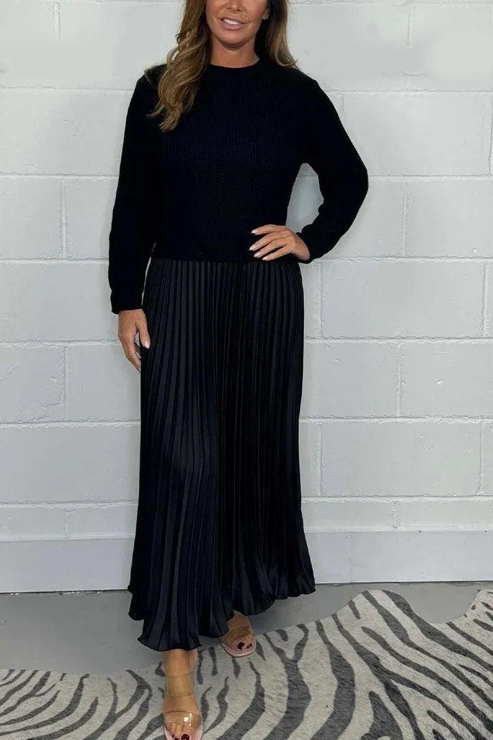 Vestido maxi con jersey y falda plisada