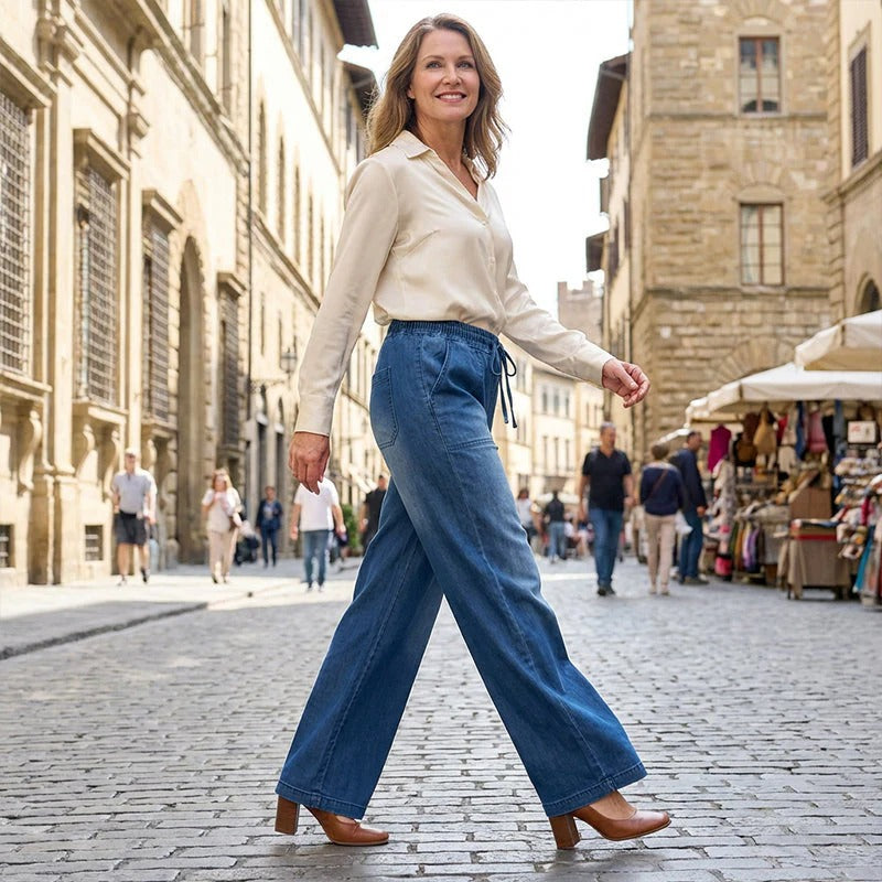 Vaqueros con cintura con cordón y pierna ancha