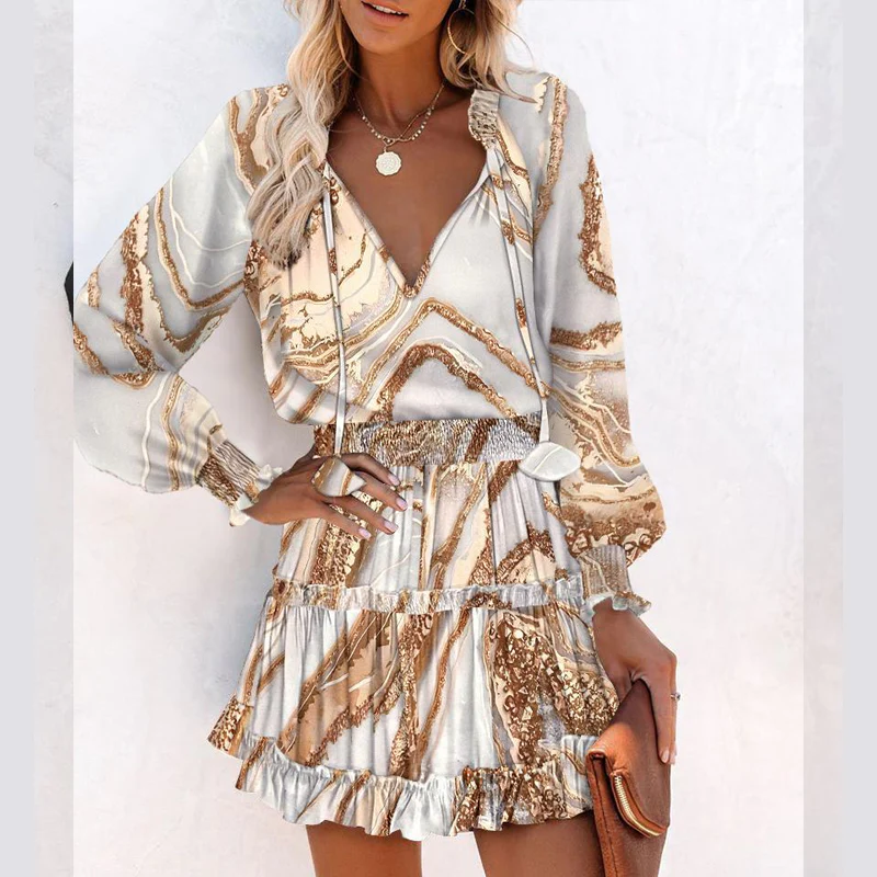 Vestido mini con escote en V, manga larga y volantes
