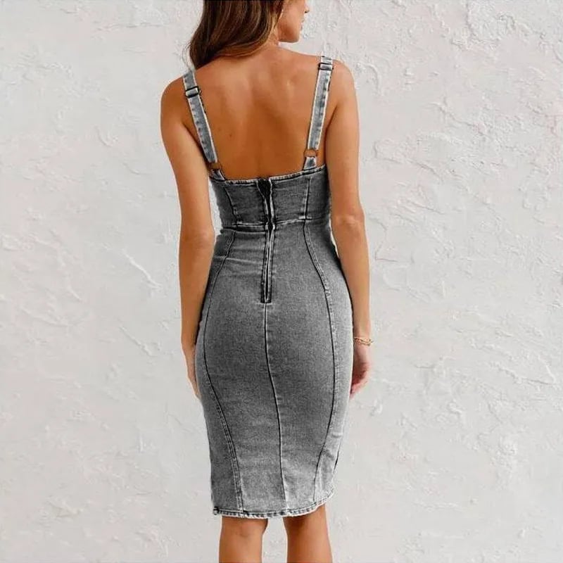 Vestido Denim Ajustado con Abertura y Tirantes Ajustables